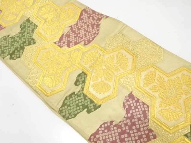 アンティーク　毘沙門亀甲に霞・花更紗模様織り出し袋帯（材料）